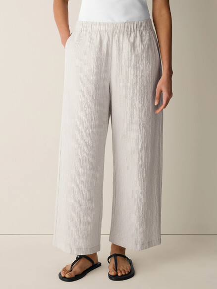 Eileen Fisher Organic Cotton Pucker Check Wide Ankle Pant in Chalk
