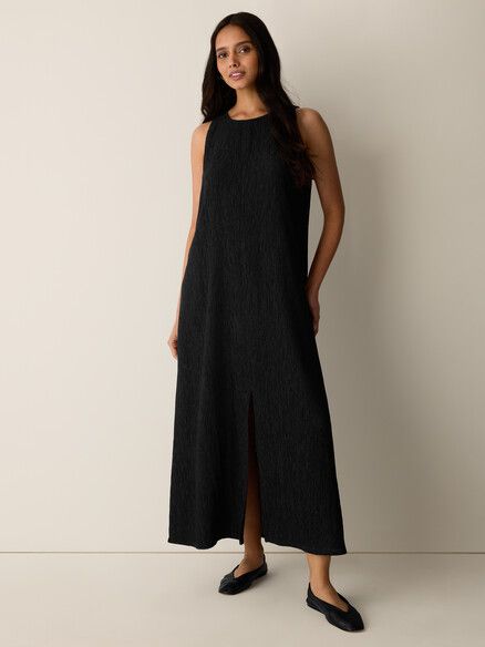 Eileen Fisher Woven Plisse Round Neck Maxi Dress w/Slit in Black Eileen Fisher Woven Plisse Round Neck Maxi Dress w/Slit in Black