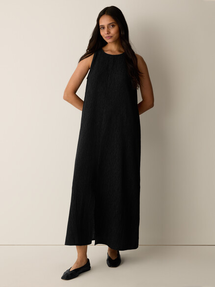 Eileen Fisher Woven Plisse Round Neck Maxi Dress w/Slit in Black