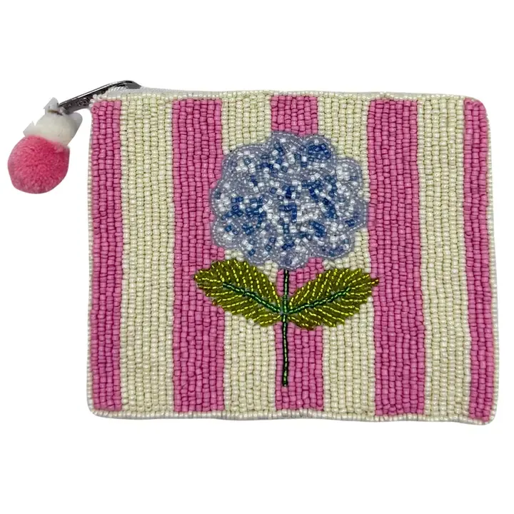Pizzazz, Inc. Pink & White Striped Hydrangea Beaded Coin Pouch Pizzazz, Inc. Pink & White Striped Hydrangea Beaded Coin Pouch