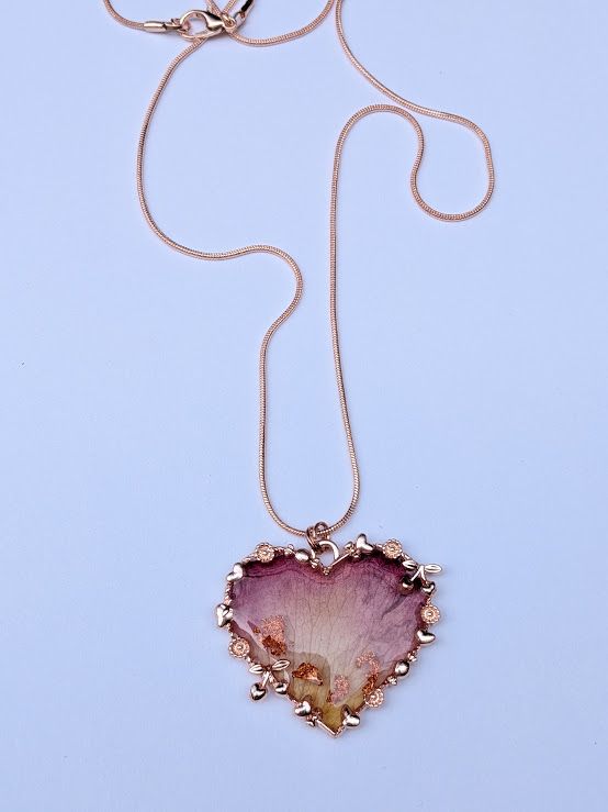 JM Studios Handmade Flower Petal Necklace in Pink & Rose Gold Heart - #19 JM Studios Handmade Flower Petal Necklace in Pink & Rose Gold Heart - #19