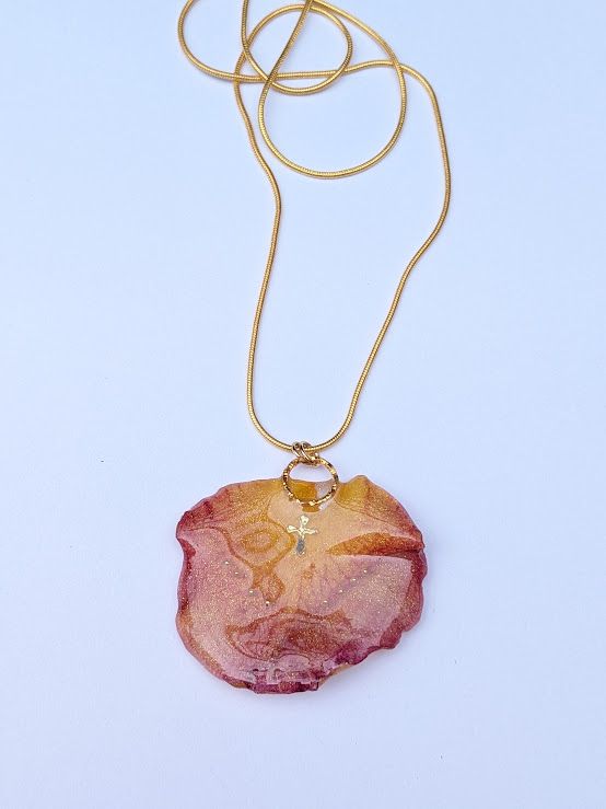 JM Studios Handmade Flower Petal Necklace in Sunset Rose with Cross - #23