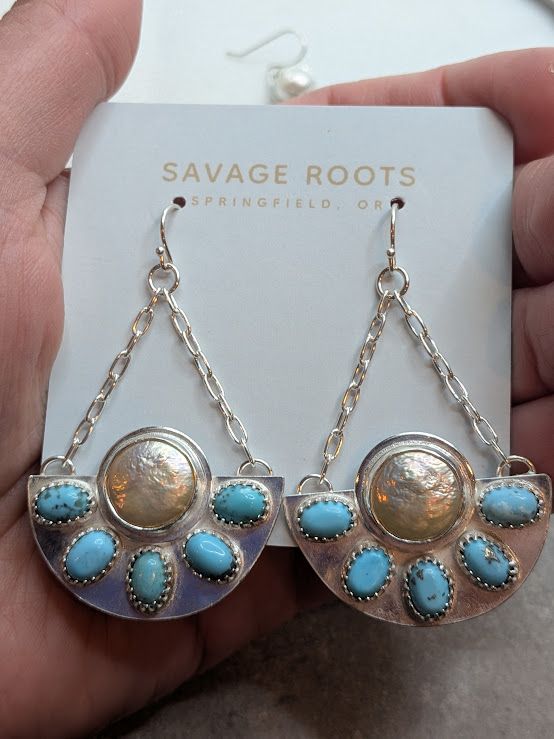Savage Roots Dahlia Earrings in Freshwater Pearl & Turquoise