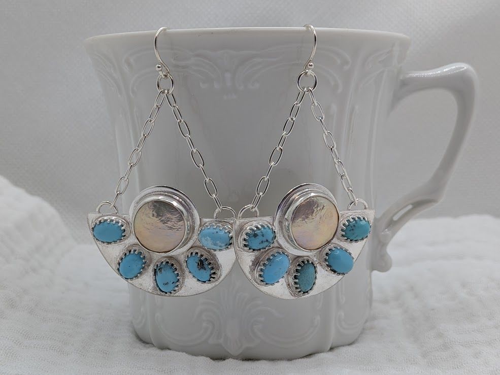Savage Roots Dahlia Earrings in Freshwater Pearl & Turquoise