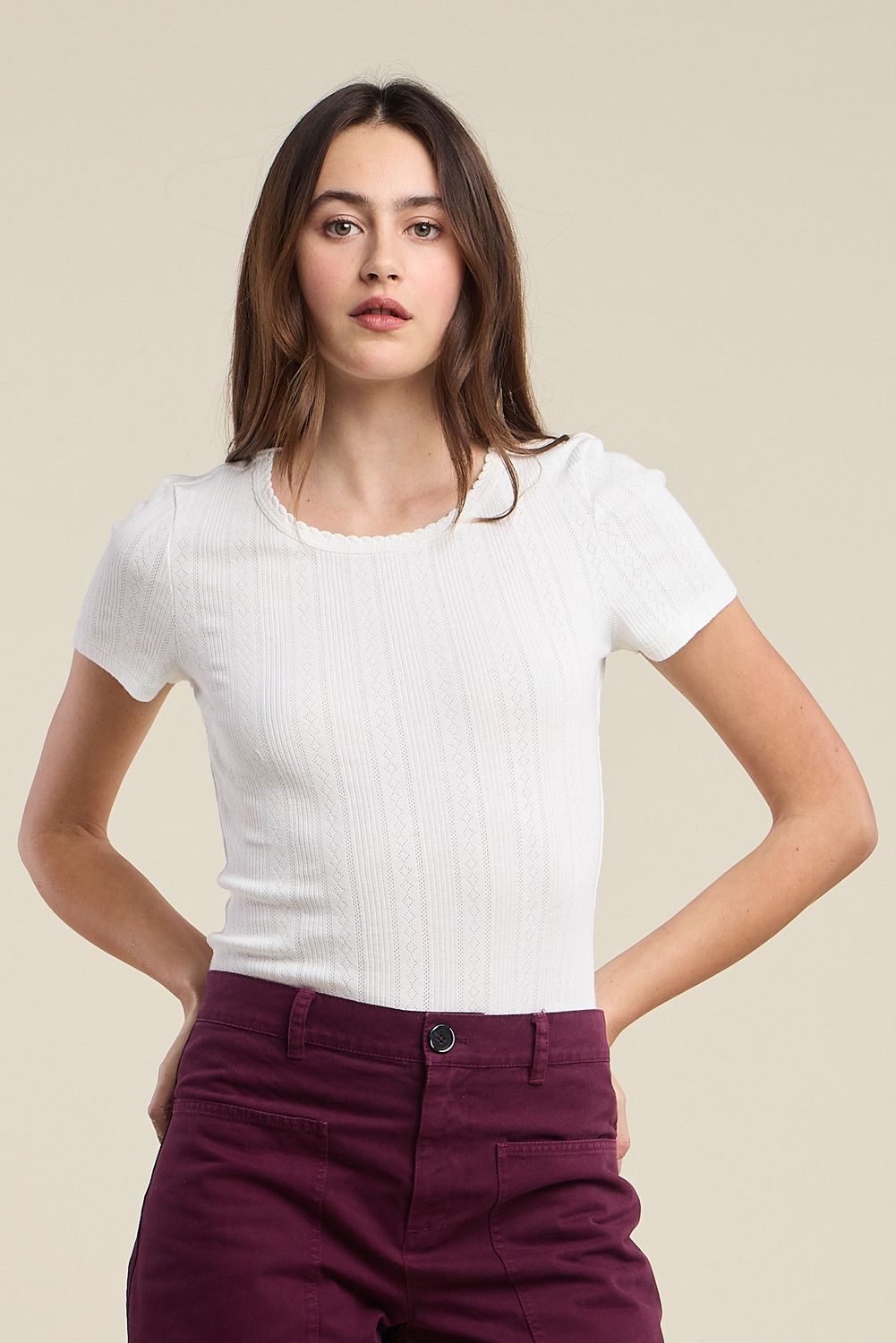 Velvet Lena Pointelle Rib Top in White Velvet Lena Pointelle Rib Top in White