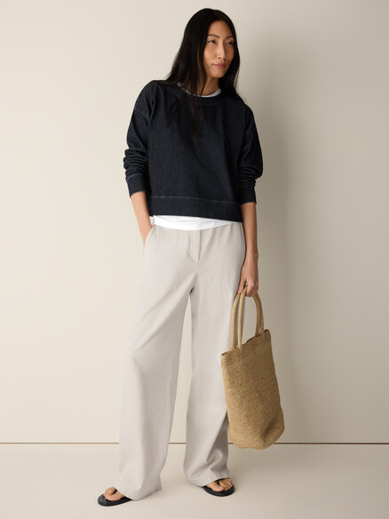Eileen Fisher Cotton Indigo Knit Denim Crewneck Top in Dark Wash