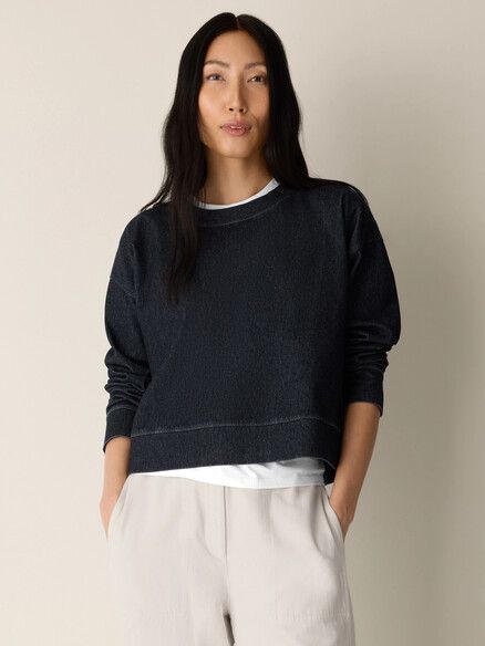 Eileen Fisher Cotton Indigo Knit Denim Crewneck Top in Dark Wash Eileen Fisher Cotton Indigo Knit Denim Crewneck Top in Dark Wash