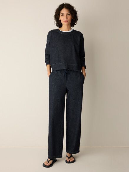 Eileen Fisher Cotton Indigo Knit Denim Full Length Straight Pant in Dark Wash Eileen Fisher Cotton Indigo Knit Denim Full Length Straight Pant in Dark Wash