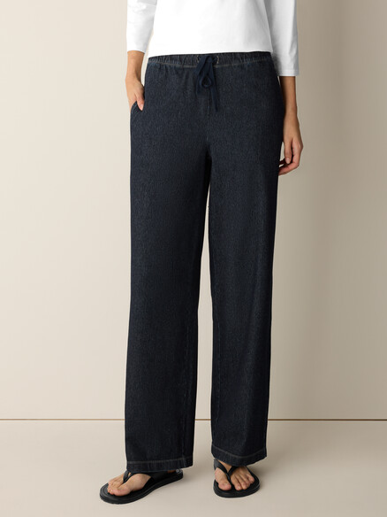 Eileen Fisher Cotton Indigo Knit Denim Full Length Straight Pant in Dark Wash