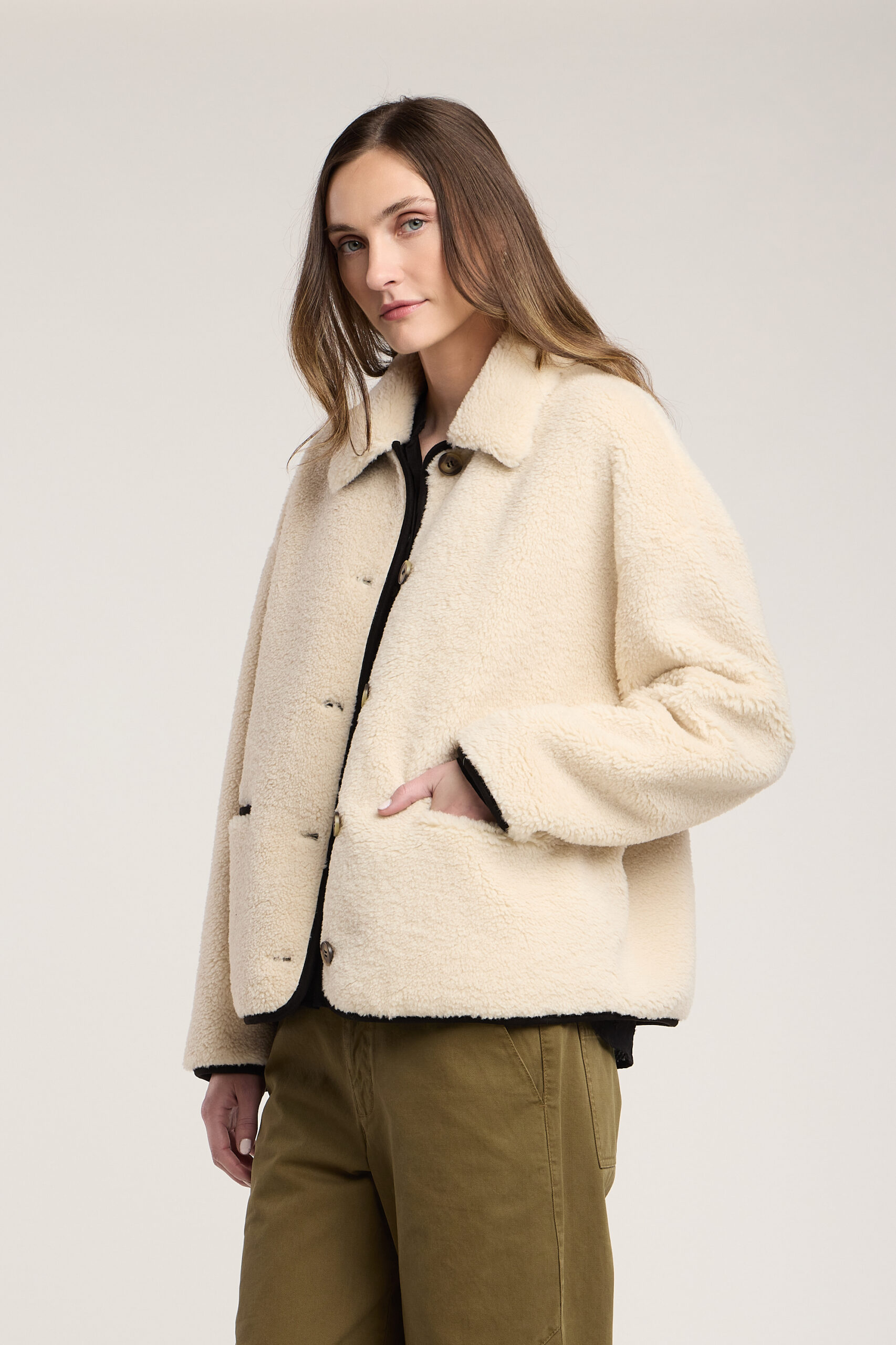 Velvet Anika Teddy Sherpa Jacket in Cream/Black
