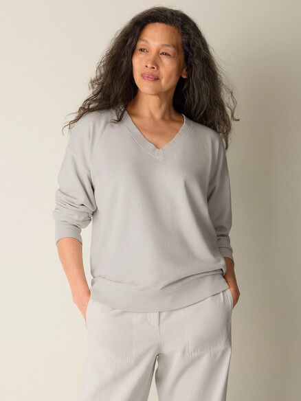 Eileen Fisher Garment-Dyed Organic Cotton Terry V-Neck Top in Plaster