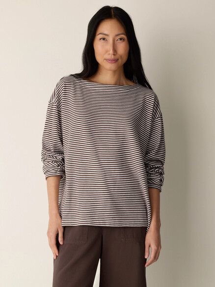 Eileen Fisher Striped Organic Cotton Slub Bateau Neck Top in Truffle Eileen Fisher Striped Organic Cotton Slub Bateau Neck Top in Truffle