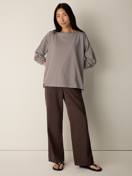 Eileen Fisher Striped Organic Cotton Slub Bateau Neck Top in Truffle
