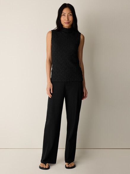 Eileen Fisher Washable Stretch Crepe Pintuck Wide Pant in Black