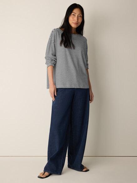 Eileen Fisher Striped Organic Cotton Slub Bateau Neck Top in Black/White