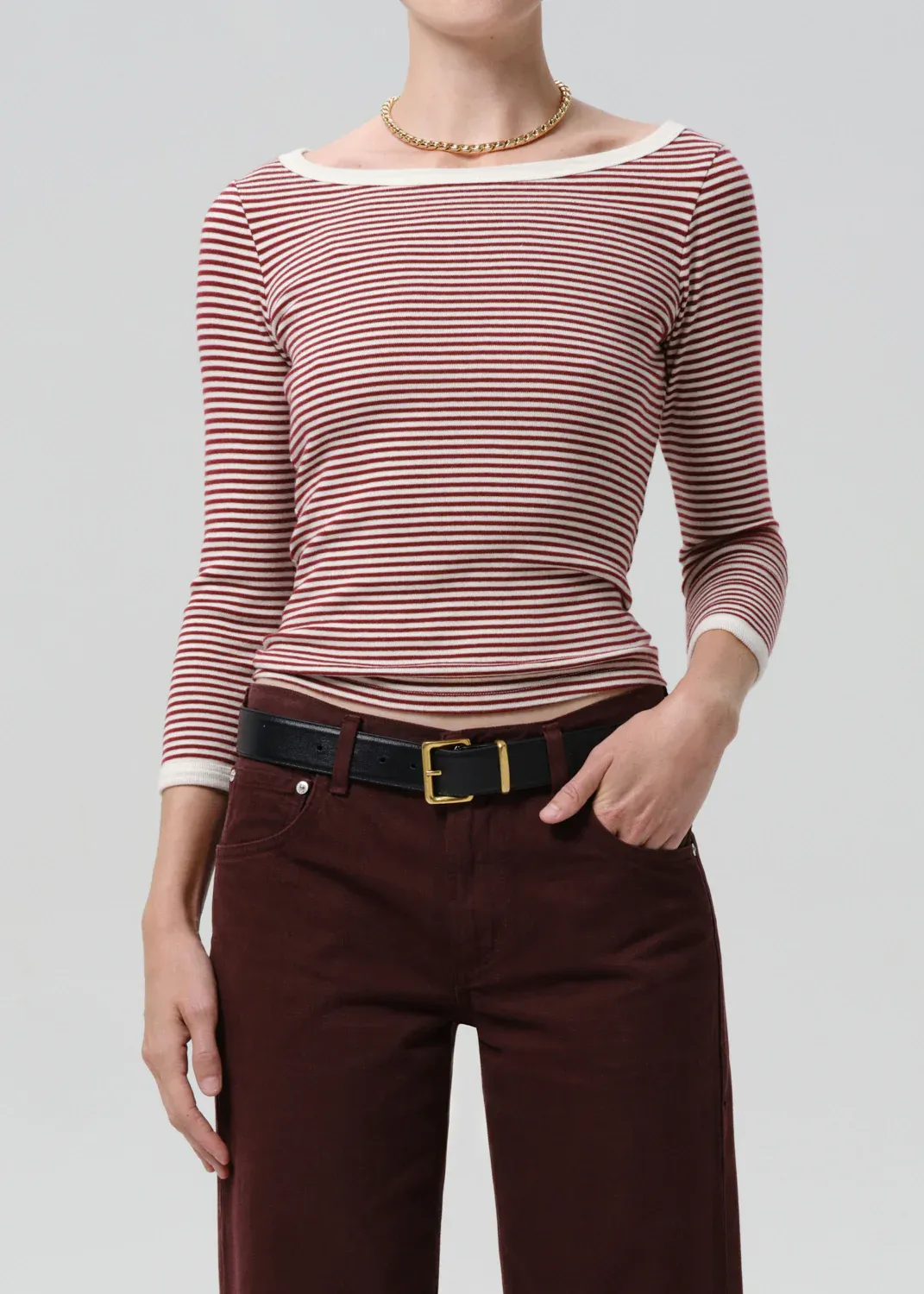 Citizens of Humanity Striped Boat Neck Slim Tee in Burgundy/Cream Citizens of Humanity Striped Boat Neck Slim Tee in Burgundy/Cream