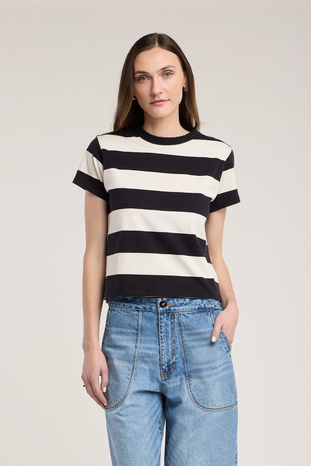 Velvet Fiona Jersey Stripe Crew Neck Top in Black/White Velvet Fiona Jersey Stripe Crew Neck Top in Black/White