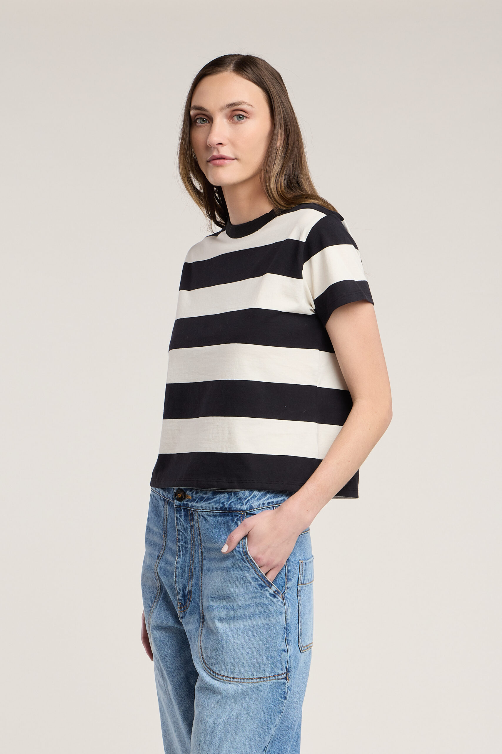 Velvet Fiona Jersey Stripe Crew Neck Top in Black/White