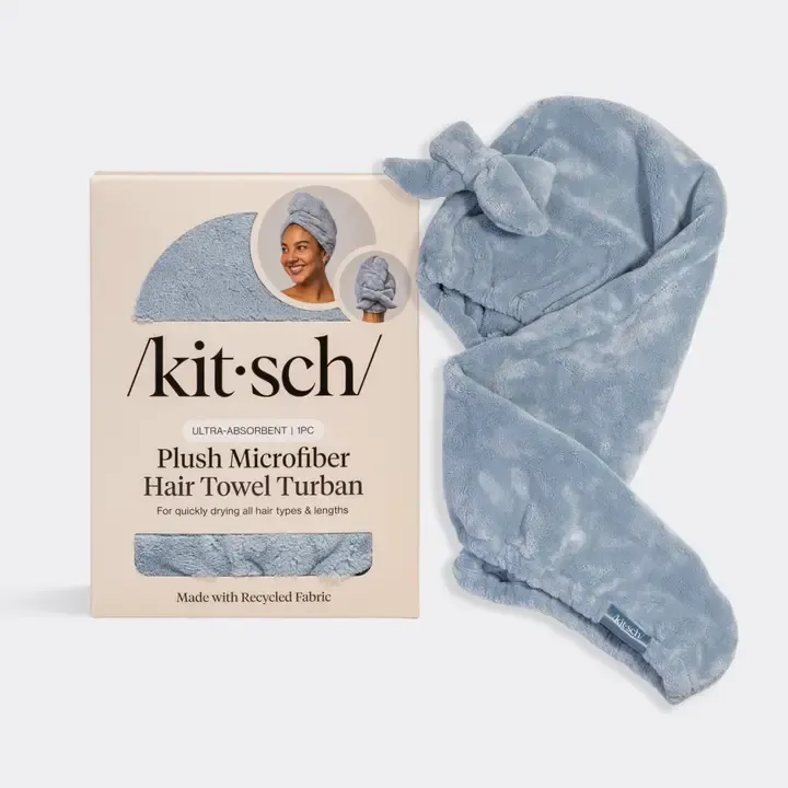 Kitsch Plush Microfiber Hair Towel with Bow in Coastal Blue