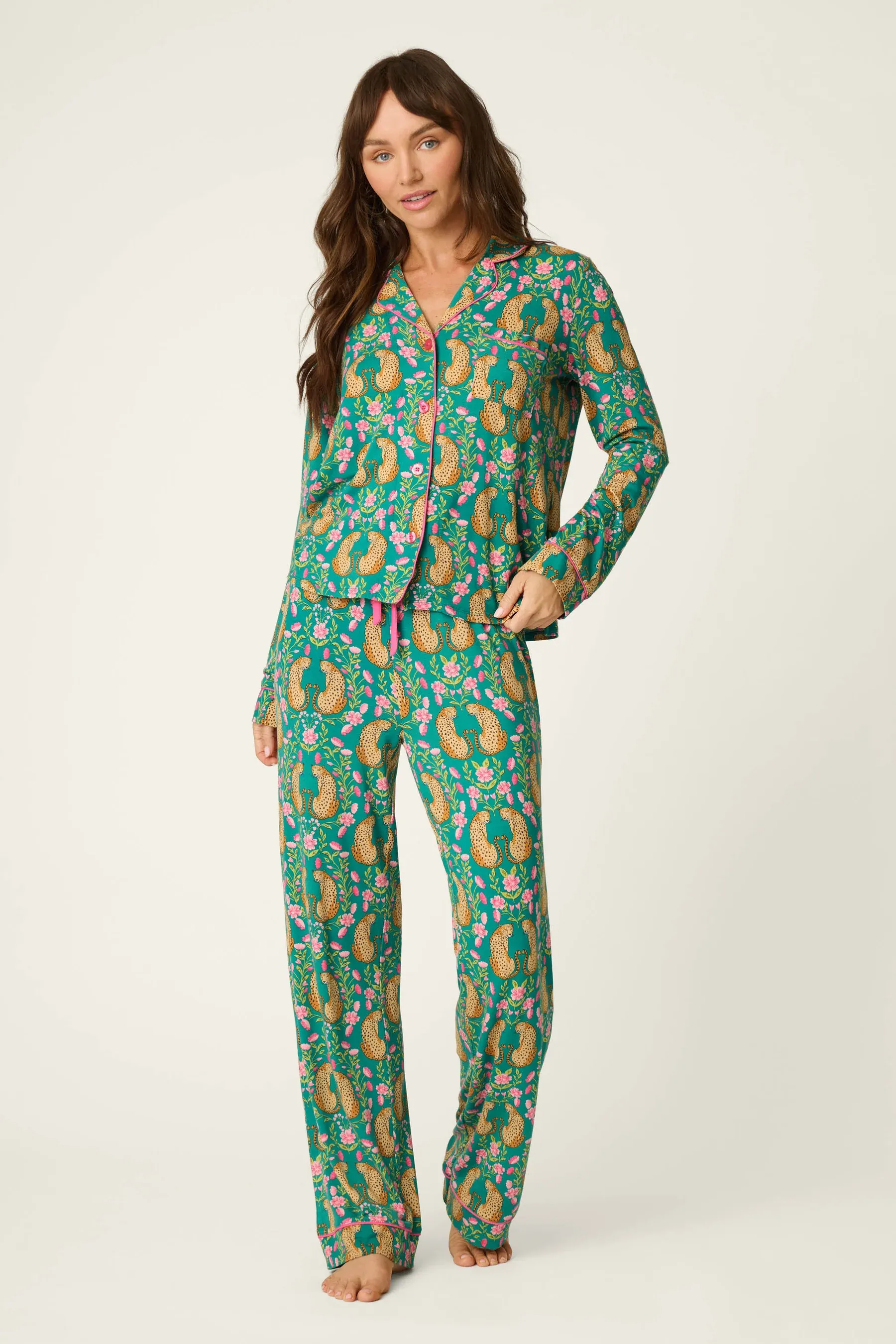 PJ Salvage Cheetah Bonita Dreams Long Sleeve PJ Set in Teal Blue
