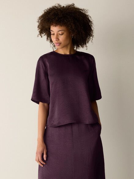 Eileen Fisher Textured Satin Round Neck Elbow Sleeve Top in Purple Carrot Eileen Fisher Textured Satin Round Neck Elbow Sleeve Top in Purple Carrot