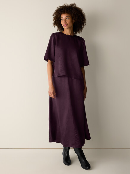 Eileen Fisher Textured Satin Round Neck Elbow Sleeve Top in Purple Carrot