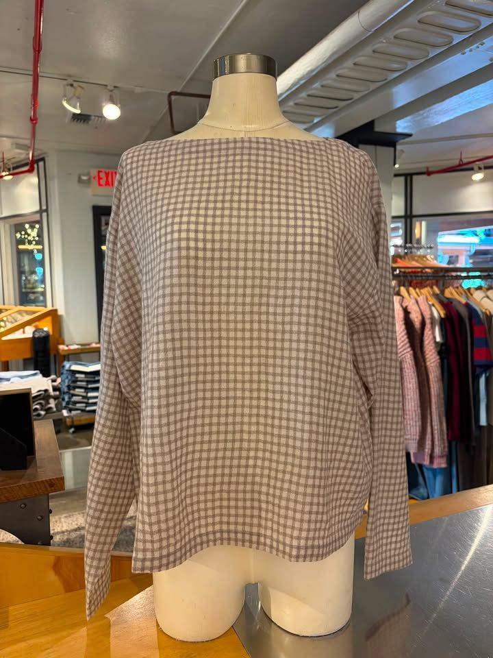 Eileen Fisher Wool Cotton Check Bateau Neck Top in Plaster
