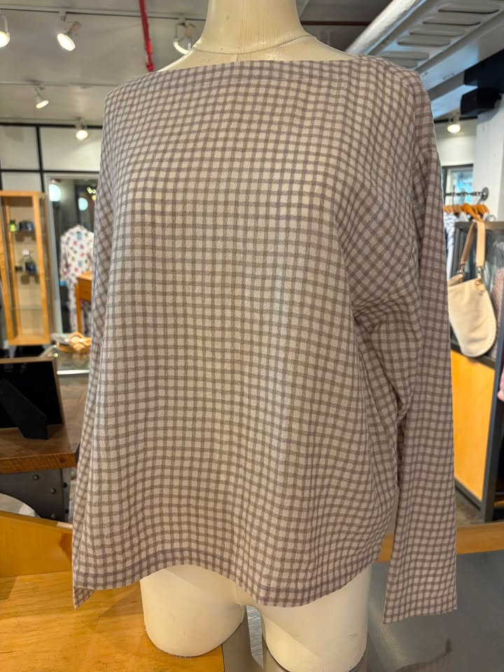 Eileen Fisher Wool Cotton Check Bateau Neck Top in Plaster