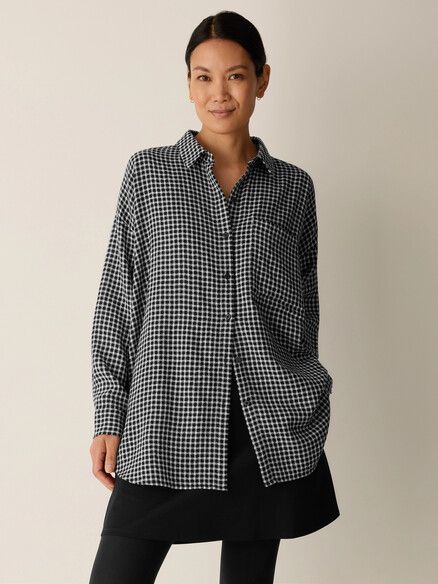 Eileen Fisher Wool Cotton Check Classic Collar Long Shirt in Black Eileen Fisher Wool Cotton Check Classic Collar Long Shirt in Black