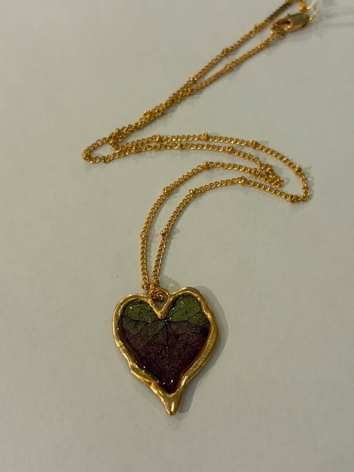 JM Studios Handmade Leaf Necklace in Purple & Gold Sparkle - #29