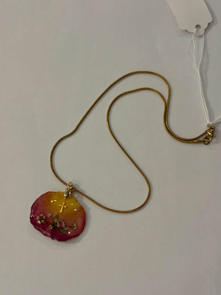 JM Studios Handmade Flower Petal Necklace in Pink & Gold Cross - #24
