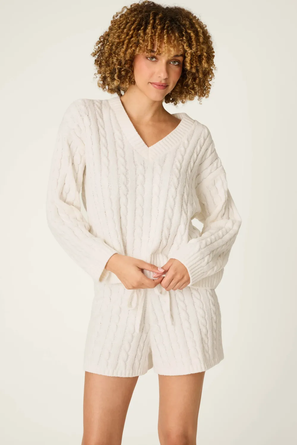 PJ Salvage Cozy Chenille Cable Knit V-Neck Sweater in Ivory PJ Salvage Cozy Chenille Cable Knit V-Neck Sweater in Ivory