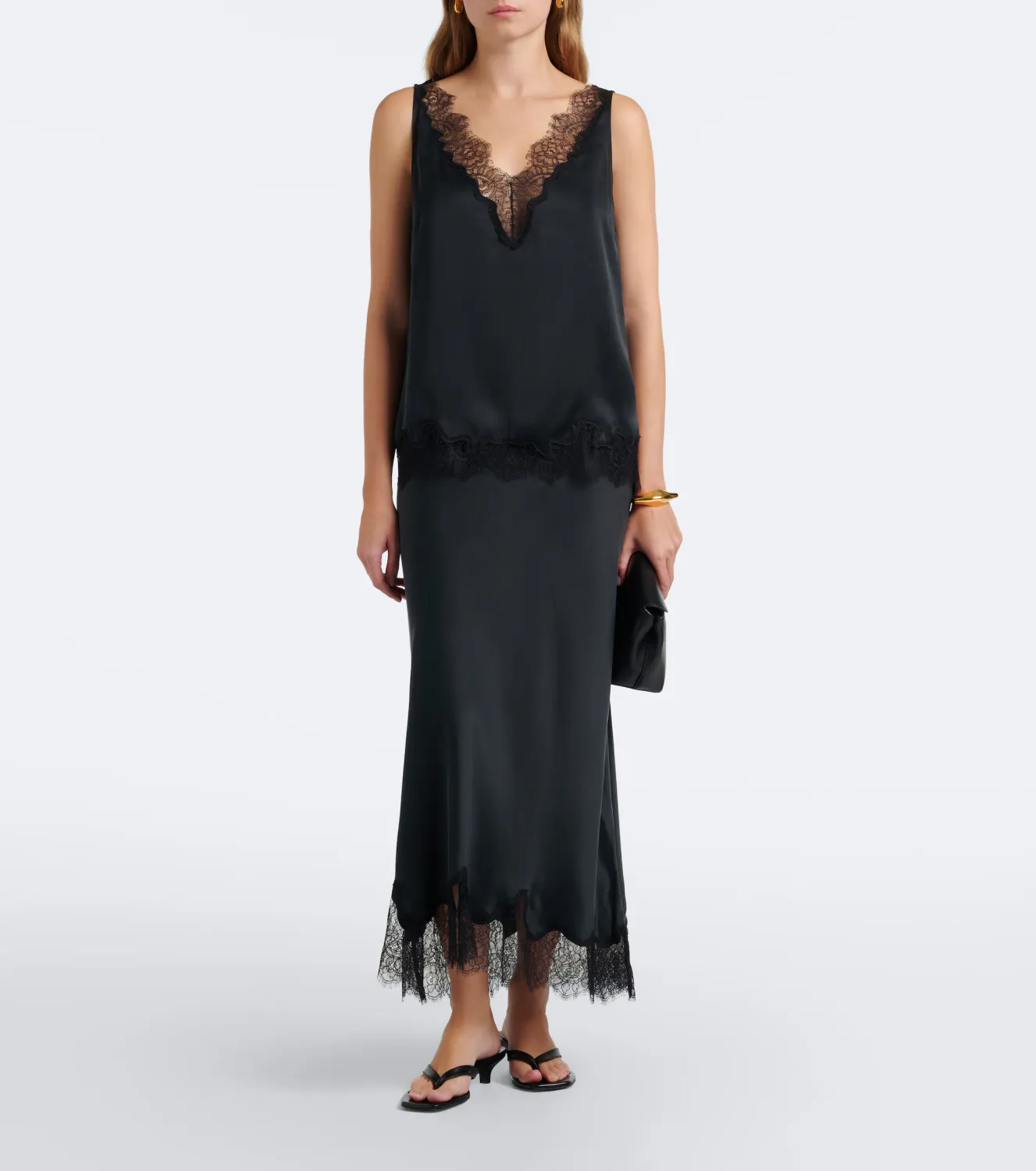 Velvet Kristin Lace Trim Silk Skirt in Black Velvet Kristin Lace Trim Silk Skirt in Black