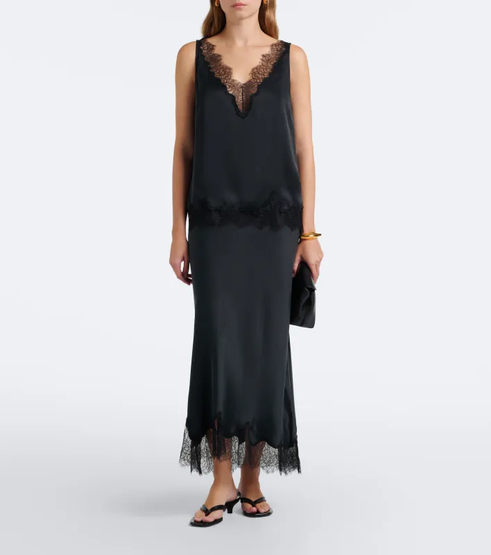Velvet Kristin Lace Trim Silk Skirt in Black Velvet Kristin Lace Trim Silk Skirt in Black
