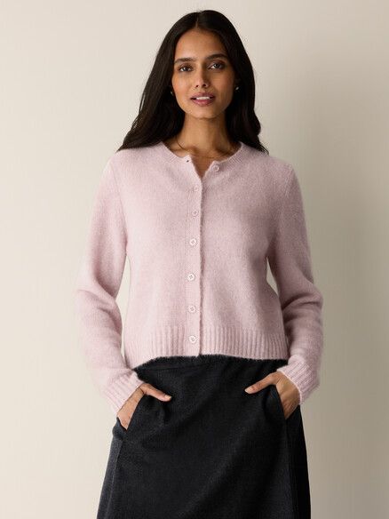Eileen Fisher Mohair Plush Melange Crew Neck Cardigan in Pearlescent
