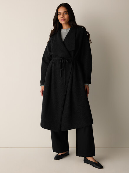 Eileen Fisher Lightweight Boiled Wool Drape Neck Coat in Charcoal