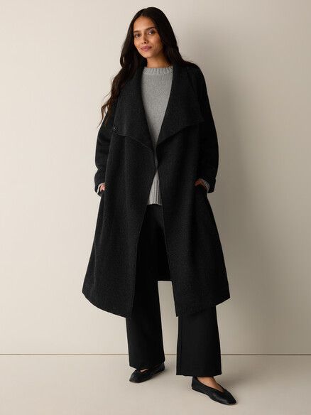Eileen Fisher Lightweight Boiled Wool Drape Neck Coat in Charcoal Eileen Fisher Lightweight Boiled Wool Drape Neck Coat in Charcoal