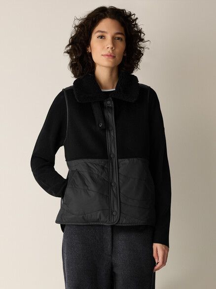 Eileen Fisher Eggshell Recycled Nylon Classic Collar Vest in Black Eileen Fisher Eggshell Recycled Nylon Classic Collar Vest in Black