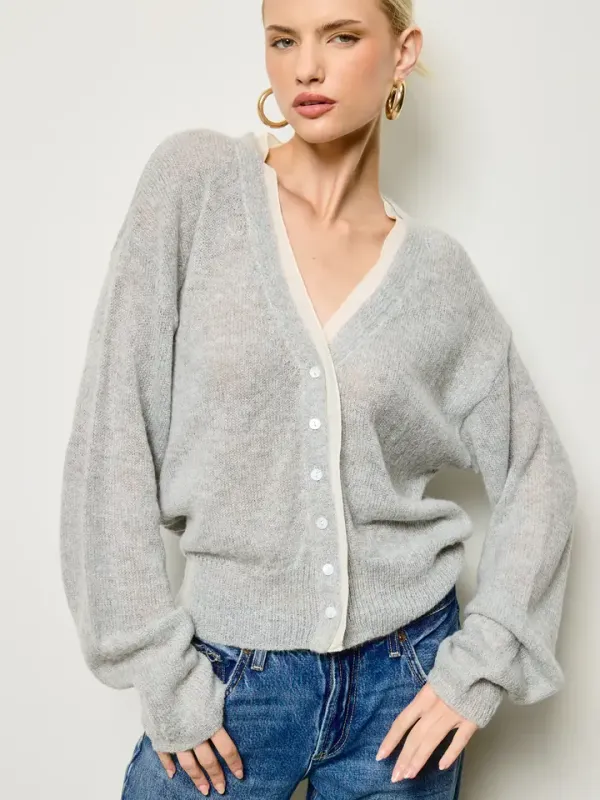 Mimosa Chiffon Trim V-Neck Cardigan in Heather Grey