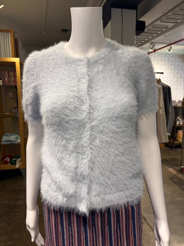 Velvet Gabby Feather Yarn Short Sleeve Cardigan in Light Blue