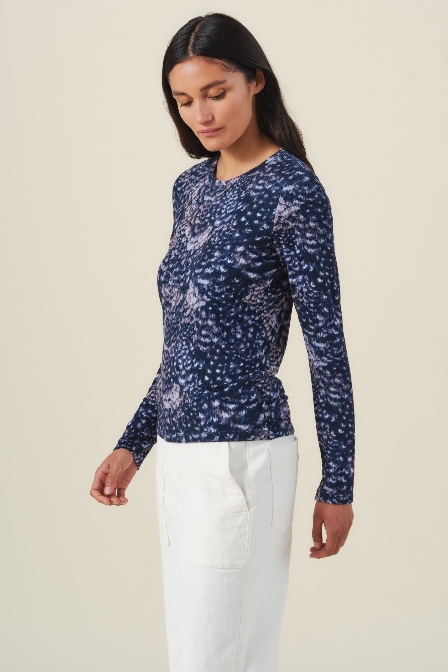 Velvet Lilian Feather Jersey Long Sleeve Top in Multi