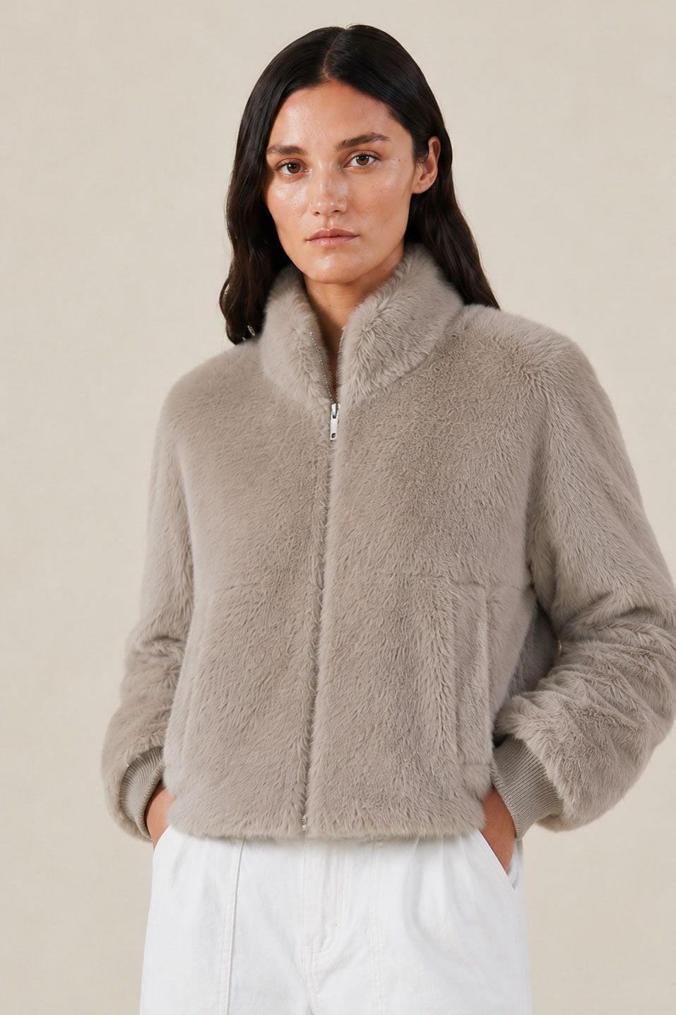 Velvet Arianna Lux Faux Fur Bomber Jacket in Oatmeal Velvet Arianna Lux Faux Fur Bomber Jacket in Oatmeal