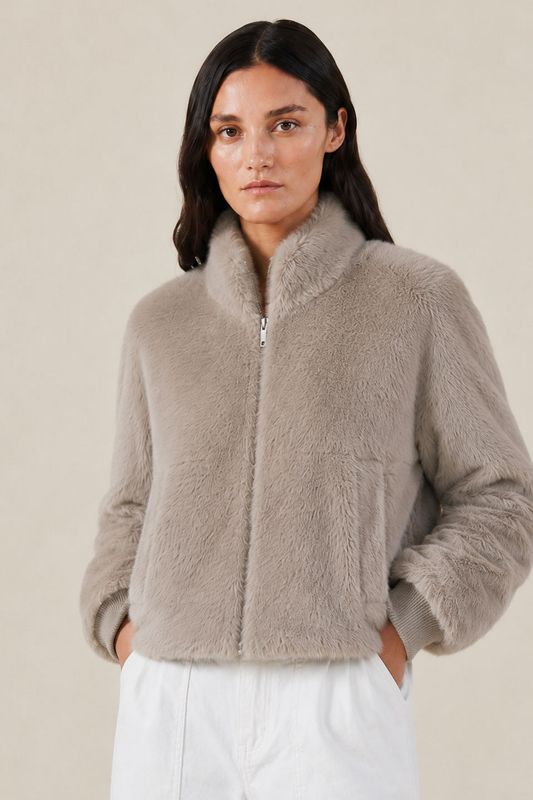 Velvet Arianna Lux Faux Fur Bomber Jacket in Oatmeal Velvet Arianna Lux Faux Fur Bomber Jacket in Oatmeal