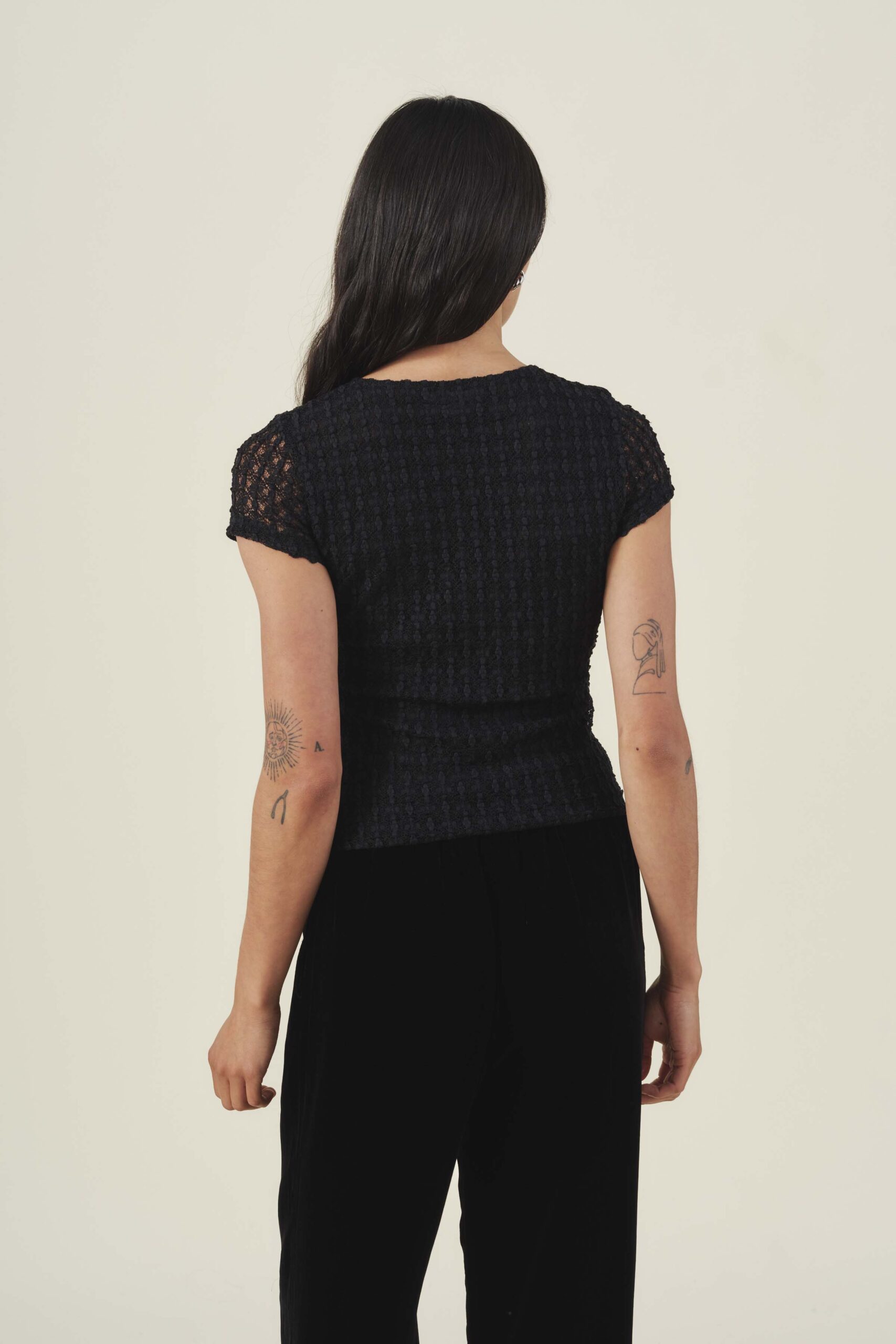 Velvet Tracy Stretch Lace Short Sleeve Top in Black
