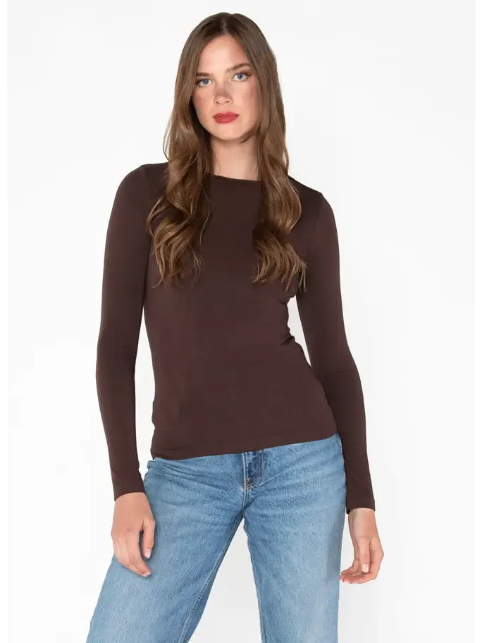 C'est Moi Bamboo Long Sleeve Crew Neck Top in Brown