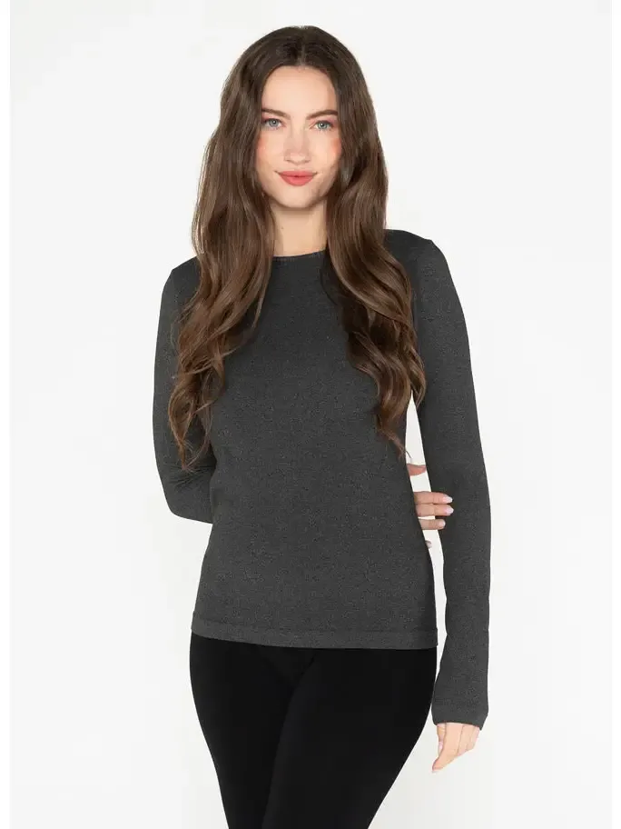 C'est Moi Bamboo Long Sleeve Crew Neck Top in Heather Black