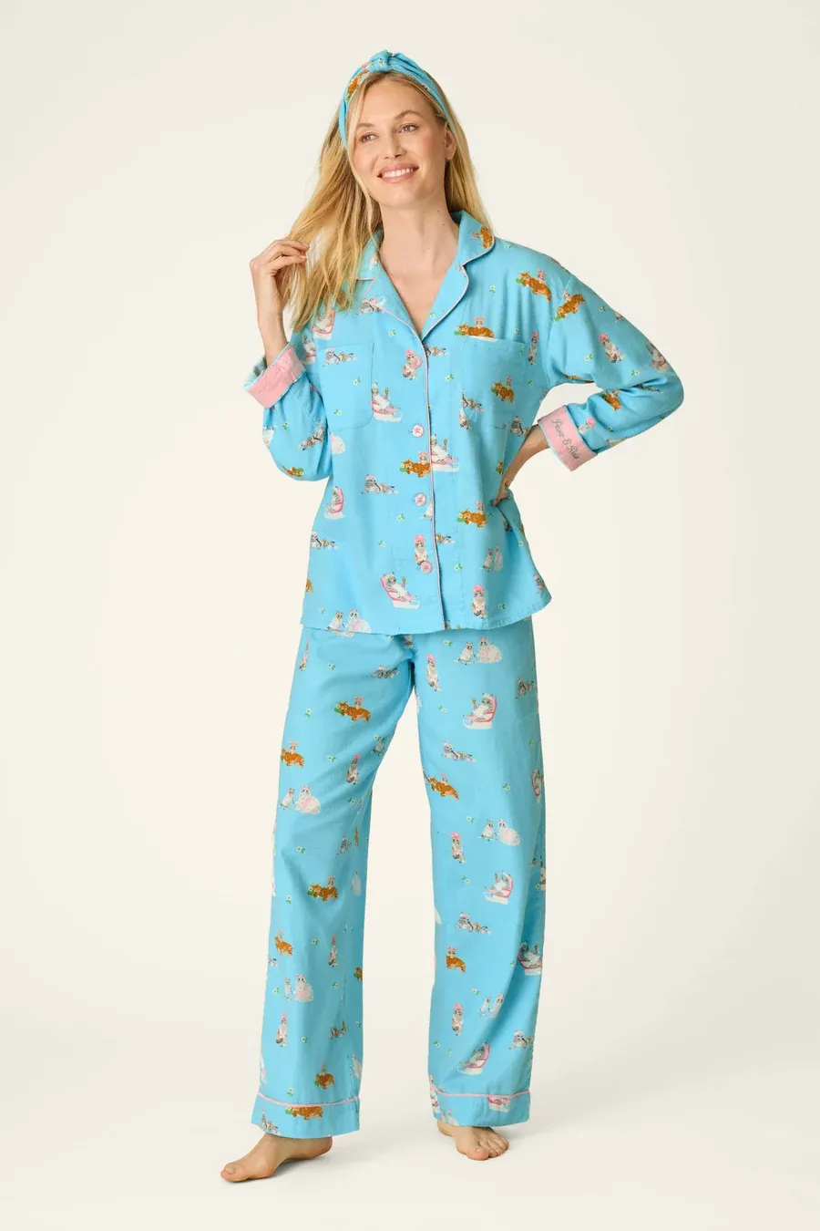 PJ Salvage Pampered Cat Print 3pc Flannel PJ Set in Blue Elixir PJ Salvage Pampered Cat Print 3pc Flannel PJ Set in Blue Elixir