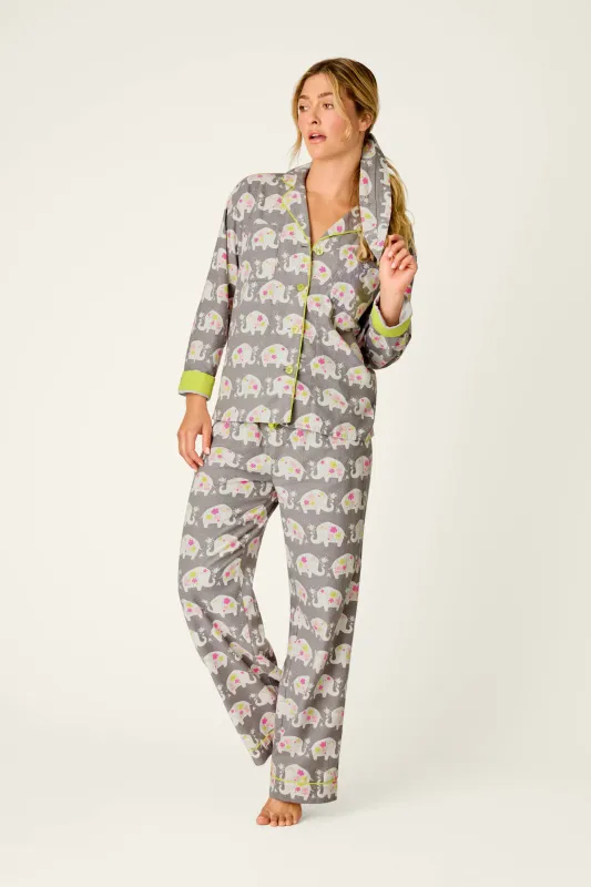 PJ Salvage Blooms on Parade Elephant Print 3pc Flannel PJ Set in Gray PJ Salvage Blooms on Parade Elephant Print 3pc Flannel PJ Set in Gray