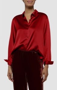 Eileen Fisher Stretch Silk Charmeuse Classic Collar Shirt in Crimson