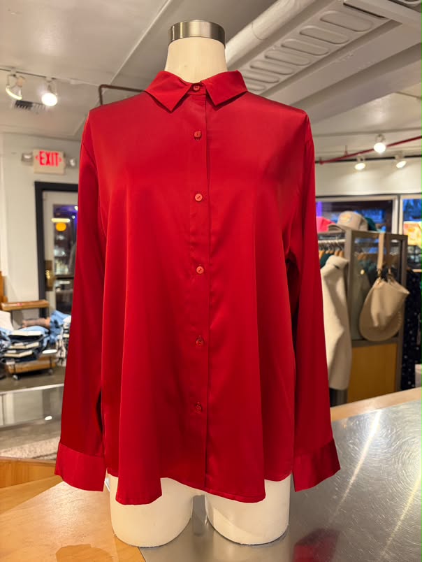 Eileen Fisher Stretch Silk Charmeuse Classic Collar Shirt in Crimson